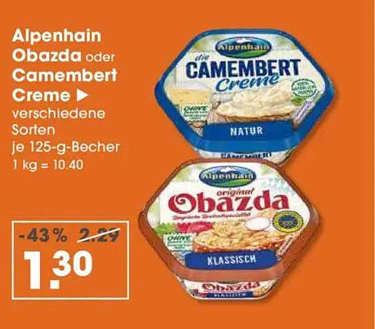 Alpenhain Obazda oder Camembert Creme, verschiedene Sorten, je 125-g-Becher