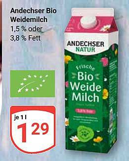 Andechser Bio Weidemilch 1,5 % oder 3,8 % Fett