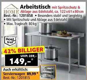 Arbeitstisch mit Spritzschutz & Ablage aus Edelstahl, ca. 122 x 61 x 80 cm
