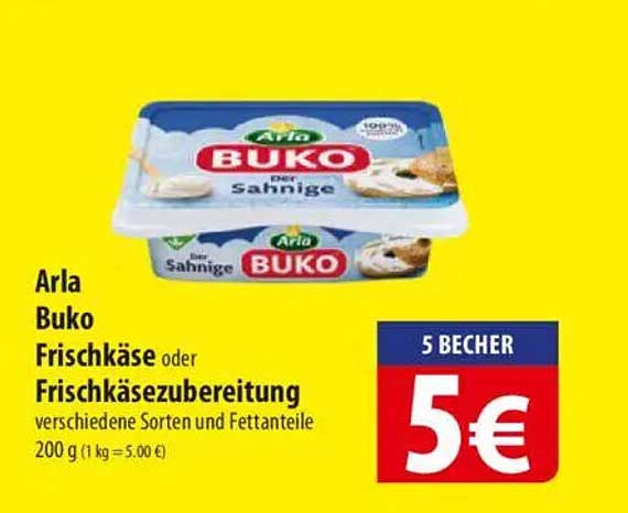 Arla Buko Frischkäse oder Frischkäsezubereitung 200 g, 5 Becher für 5 €