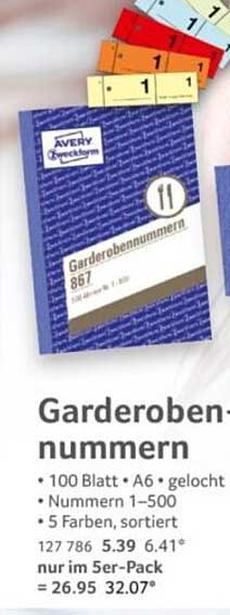 Avery Garderoben-Nummern 867 - 100 Blatt A6, gelocht, 5 Farben