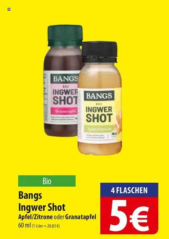Bangs Ingwer Shot Apfel/Zitrone oder Granatapfel 60 ml - 4 Flaschen für 5 €