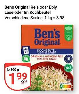 Ben's Original Reis oder Ebly Lose oder Im Kochbeutel, 500 g für nur 1,99 €