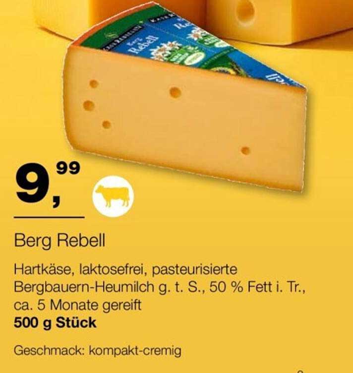 Berg Rebell Hartkäse, laktosefrei, 500 g Stück