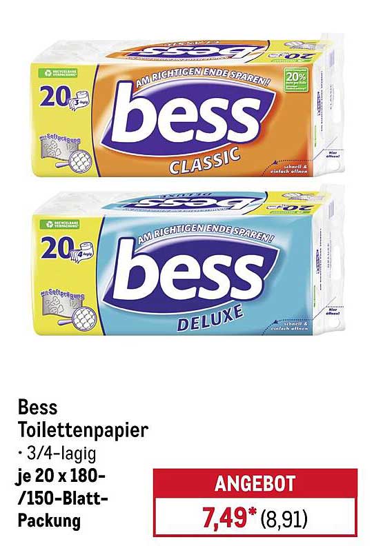 Bess Toilettenpapier 3/4-lagig je 20 x 180-/150-Blatt-Packung