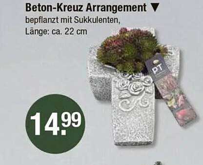 Beton-Kreuz Arrangement - bepflanzt mit Sukkulenten, Länge: ca. 22 cm
