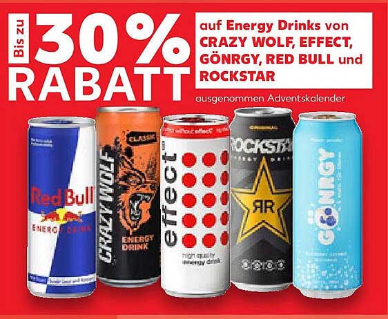 Bis zu 30 % Rabatt auf Energy Drinks von CRAZY WOLF, EFFECT, GÖRNGY, RED BULL und ROCKSTAR