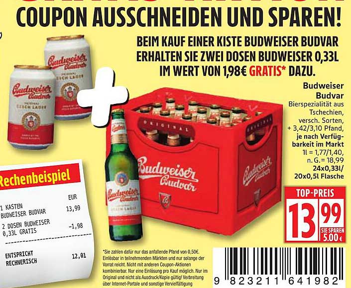 Budweiser Budvar Kiste + 2 Dosen Budweiser 0,33l GRATIS