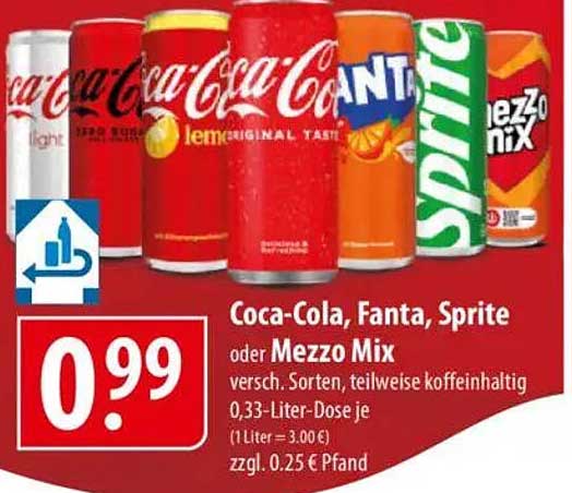 Coca-Cola, Fanta, Sprite oder Mezzo Mix - 0,33-Liter-Dose für nur 0,99 €