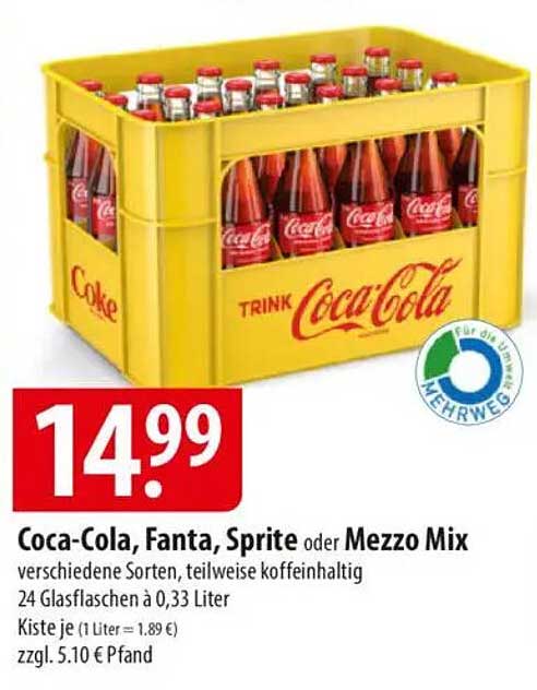 Coca-Cola, Fanta, Sprite oder Mezzo Mix – 24 Glasflaschen à 0,33 Liter