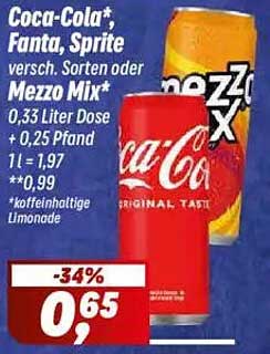 Coca-Cola*, Fanta, Sprite verschiedene Sorten oder Mezzo Mix* 0,33 Liter Dose