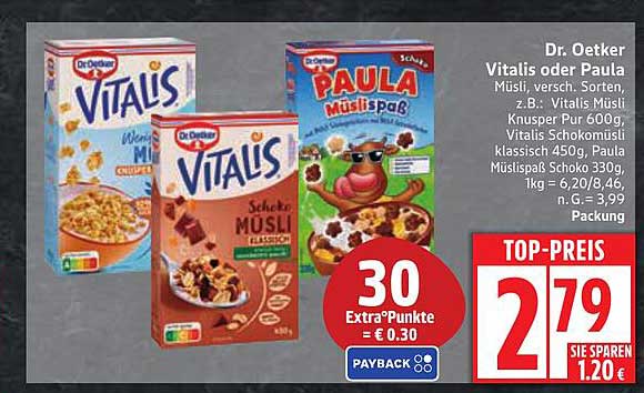 Dr. Oetker Vitalis oder Paula Müsli, verschiedene Sorten