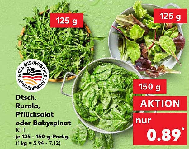 Dtsch. Rucola, Pflücksalat oder Babyspinat 150 g – nur 0,89 €