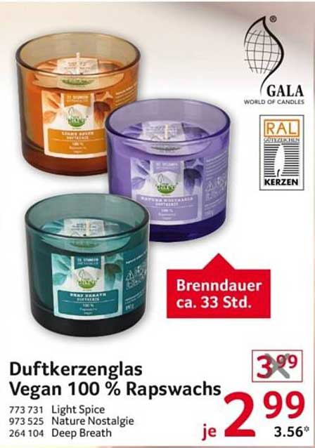 Duftkerzenglas Vegan 100 % Rapswachs