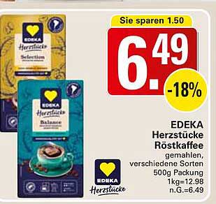EDEKA Herzstücke Röstkaffee gemahlen, verschiedene Sorten 500g Packung
