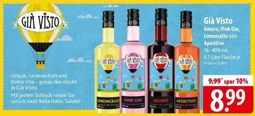 Già Visto Amaro, Pink Gin, Limoncello oder Aperitivo 0,7-Liter-Flasche