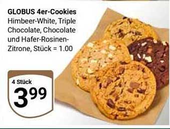 GLOBUS 4er-Cookies Himbeer-White, Triple Chocolate, Chocolate und Hafer-Rosinen-Zitrone