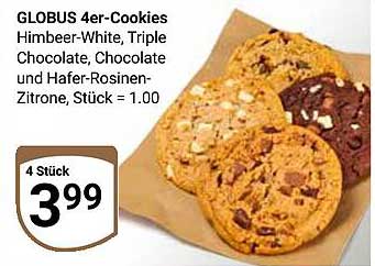 GLOBUS 4er-Cookies – Himbeer-White, Triple Chocolate, Chocolate und Hafer-Rosinen-Zitrone