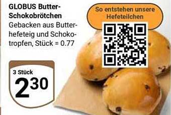 GLOBUS Butter-Schokobrötchen - Gebacken aus Butterhefeteig und Schokotropfen