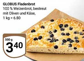 GLOBUS Fladenbrot 100 % Weizenbrot, bestreut mit Oliven und Käse, 500 g