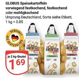 GLOBUS Speisekartoffeln, vorwiegend festkochend, festkochend oder mehligkochend, je 2 kg-Beutel für nur 1,69 €