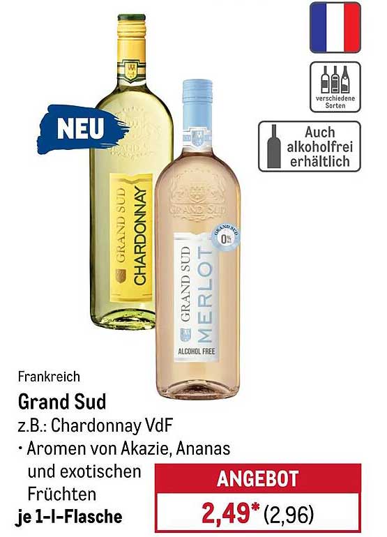 Grand Sud Wein – Chardonnay und Merlot 1 l Flasche