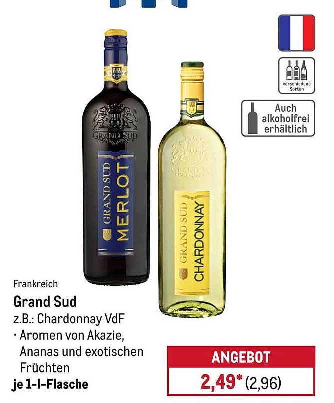 Grand Sud Wein - Chardonnay und Merlot, je 1-l-Flasche