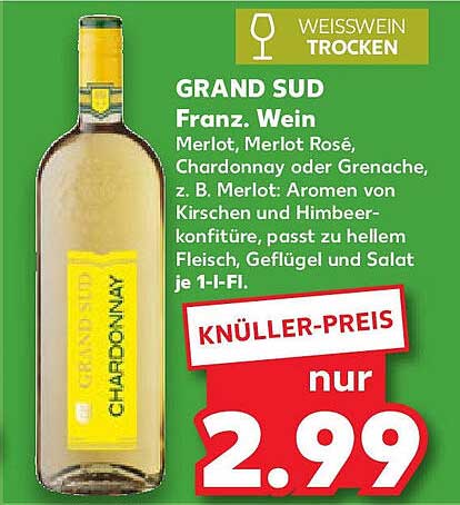 GRAND SUD Weißwein Trocken - Merlot, Chardonnay oder Grenache