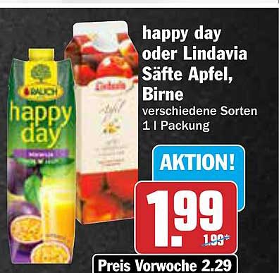 happy day oder Lindavia Säfte Apfel, Birne, verschiedene Sorten 1 l Packung