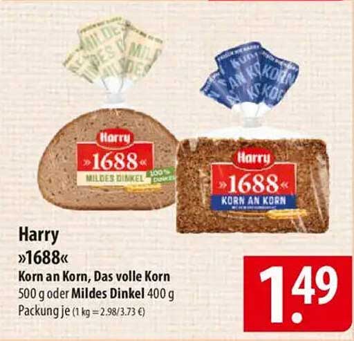 Harry »1688« Korn an Korn, Das volle Korn 500 g oder Mildes Dinkel 400 g