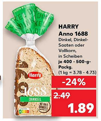 HARRY Anno 1688 Dinkel, Dinkel-Saaten oder Vollkorn in Scheiben je 400 - 500-g-Pack.