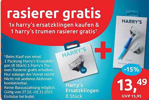 Harry's Rasierklingen (8 Stück) kaufen und Trumen Rasierer gratis erhalten!