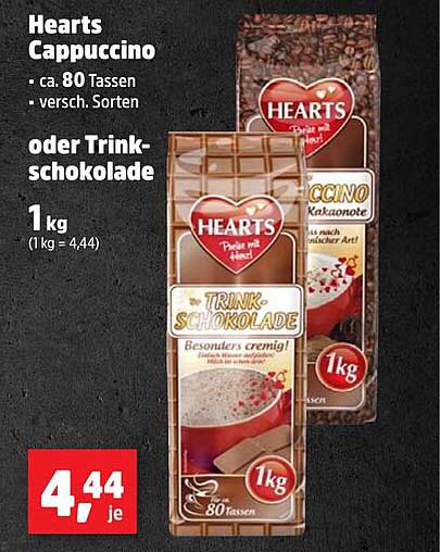 Hearts Cappuccino oder Trinkschokolade - 1 kg für 4,44 €