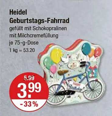 Heidel Geburtstags-Fahrrad gefüllt mit Schokopralinen mit Milchcremefüllung je 75-g-Dose