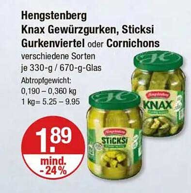 Hengstenberg Knax Gewürzgurken, Sticksi Gurkenviertel oder Cornichons
