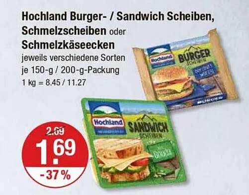 Hochland Burger-/Sandwich Scheiben, Schmelzscheiben oder Schmelzkäseecken