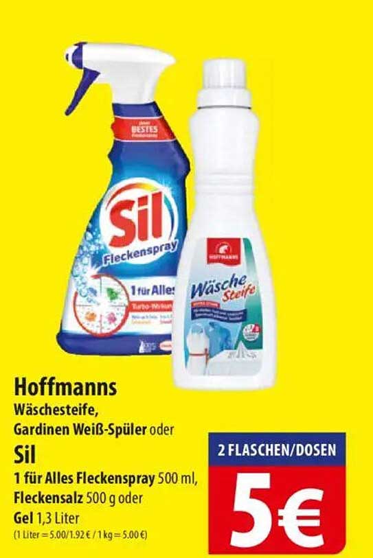 Hoffmanns Wäschesteife, Gardinen Weiß-Spüler oder Sil Flecken spray 1 für Alles Flecken spray 500 ml, Fleckensalz 500 g oder Gel 1,3 Liter