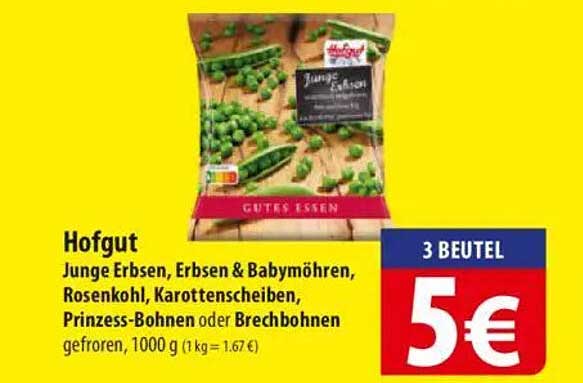Hofgut Junge Erbsen, Erbsen & Babymöhren, Rosenkohl, Karottenscheiben, Prinzess-Bohnen oder Brechbohnen gefroren, 1000 g