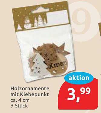 Holzornamente mit Klebepunkt, ca. 4 cm, 9 Stück