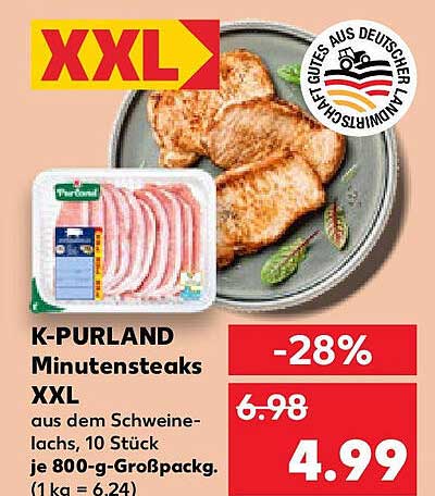 K-PURLAND Minutensteaks XXL aus dem Schweinelachs, 10 Stück je 800-g-Großpackung.