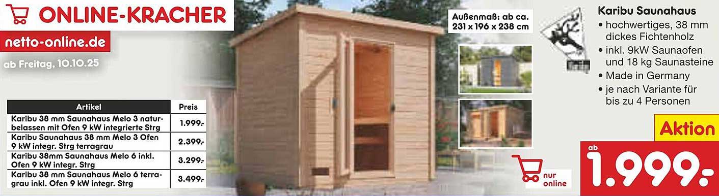 Karibu 38 mm Saunahaus Melo 3 naturbelassen mit Ofen 9 kW integrierte Strg