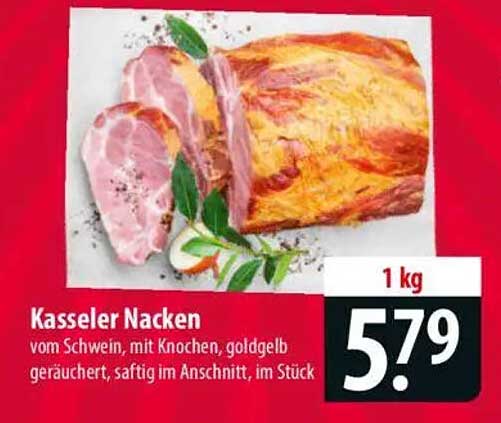 Kasseler Nacken vom Schwein, mit Knochen, goldgelb geräuchert, saftig im Schnitt, im Stück