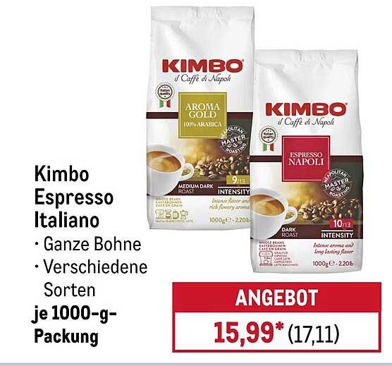 Kimbo Espresso Italiano – Ganze Bohne, verschiedene Sorten je 1000-g-Packung