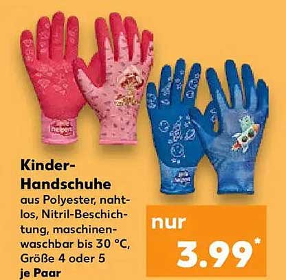 Kinder-Handschuhe aus Polyester, nahtlos, Nitril-Beschichtung, maschinenwaschbar bis 30 °C, Größe 4 oder 5 je Paar