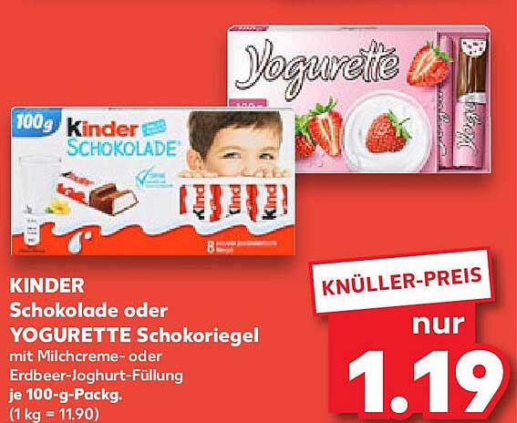 KINDER Schokolade oder YOGURETTE Schokoriegel mit Milchcreme- oder Erdbeer-Joghurt-Füllung je 100-g-Pack.