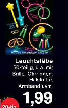 Leuchtstäbe 60-teilig, u.a. mit Brille, Ohrringen, Halskette, Armband uvm.
