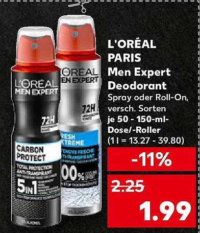 L'ORÉAL PARIS Men Expert Deodorant Spray oder Roll-On, 50-150 ml