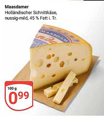 Maasdamer - Holländischer Schnittkäse, nussig-mild, 45 % Fett i. Tr.