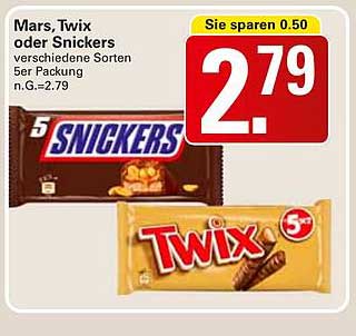 Mars, Twix oder Snickers 5er Packung