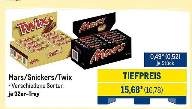 Mars/Snickers/Twix – Verschiedene Sorten im 32er-Tray